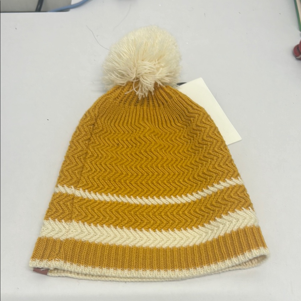 Mustard and Cream Knit Beanie with Pom Pom
